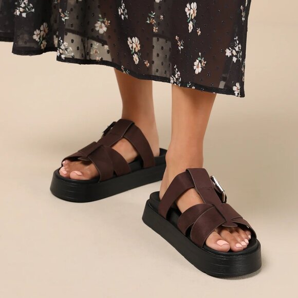 Lulus Surie Chocolate Brown Suede Strappy Flatform Slide Sandals/NIB/Size 8 - Picture 2 of 15